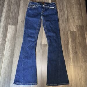 Y2K V Blue Jeans Womens 28x31 Y2K Low Rise Flare Bell Bottom Dark Wash Stretch